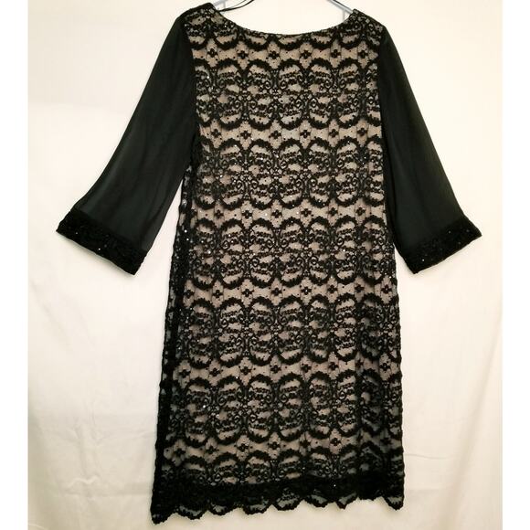 R&M Richards Black Stretch Lace Illusion Dress Sequins Sheer 3/4 Sleeves Size 14 - Picture 4 of 11
